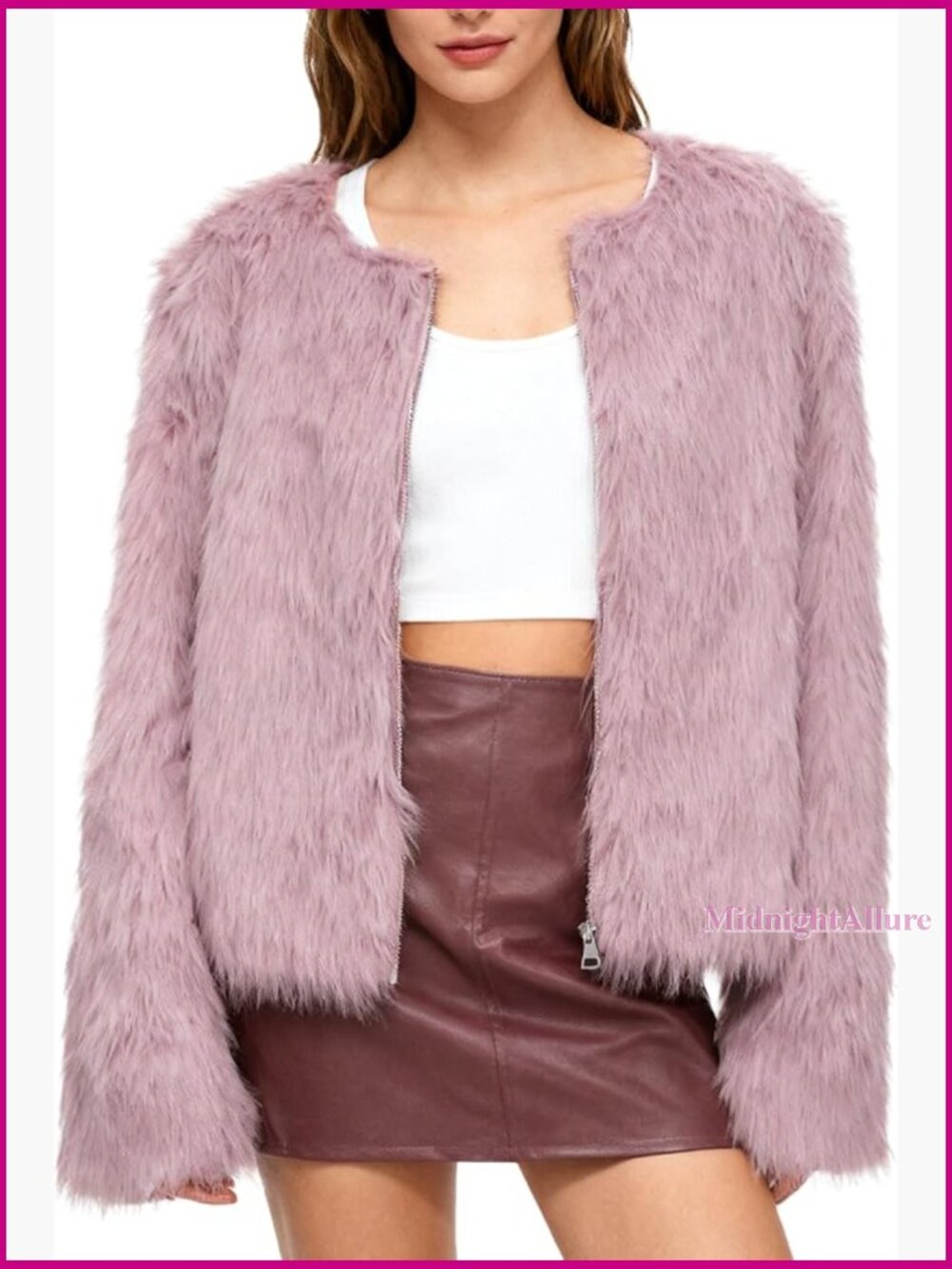 Faux Fur Zip Up Jacket With Pockets, Long Sleeve Winter Coat